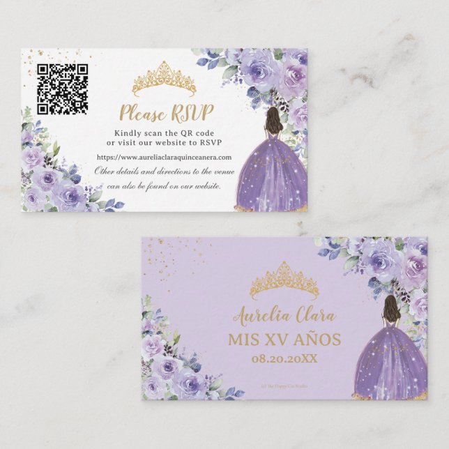 Purple Lilac Floral Gold Quinceañera QR Code Enclosure Card (Front/Back)