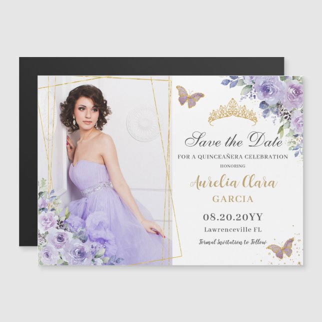 Purple Lilac Floral Gold Quinceañera Save the Date (Front/Back)