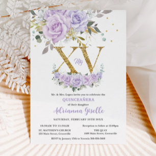 Purple Lilac Floral Gold XV Quinceañera Quince 15 Invitation