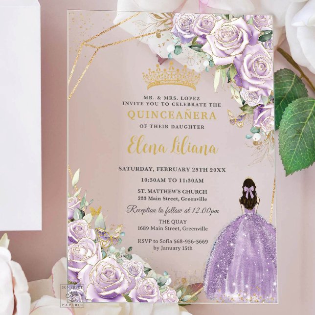 Purple Lilac Floral Princess Gold Quinceanera 15 Acrylic Invitations (Creator Uploaded)