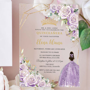 Purple Lilac Floral Princess Gold Quinceañera XV Acrylic Invitations