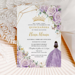 Purple Lilac Floral Princess Gold Quinceañera XV Invitation