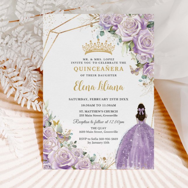 Purple Lilac Floral Princess Gold Quinceañera XV Invitation (Creator Uploaded)