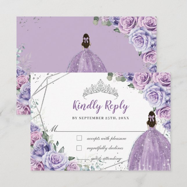 Purple Lilac Floral Princess Quinceañera Reply RSVP Card (Front/Back)