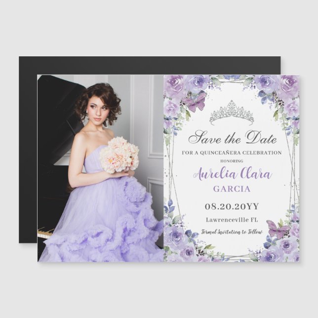 Purple Lilac Floral Quinceañera 16th Save the Date (Front/Back)