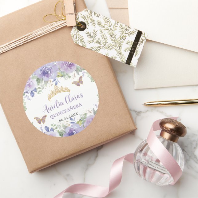 Purple Lilac Floral Quinceañera Crown Butterflies Classic Round Sticker (Gifting)