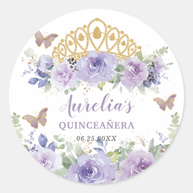 Purple Lilac Floral Quinceañera Crown Butterflies Classic Round Sticker (Front)