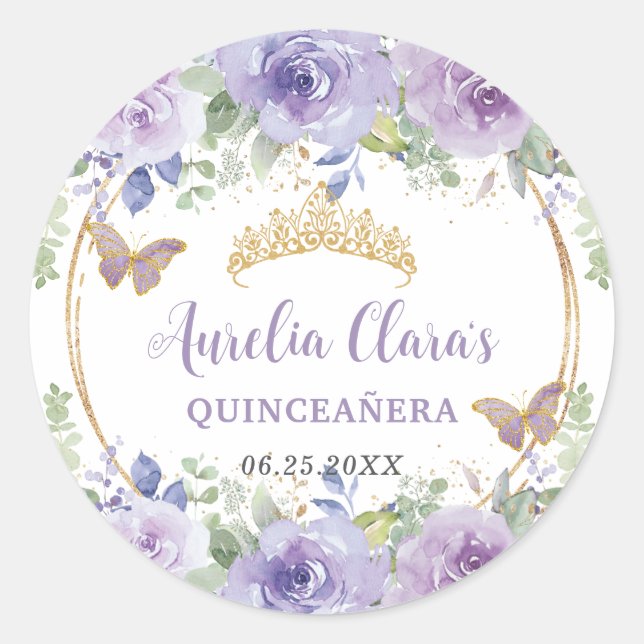 Purple Lilac Floral Quinceañera Crown Butterflies Classic Round Sticker (Front)