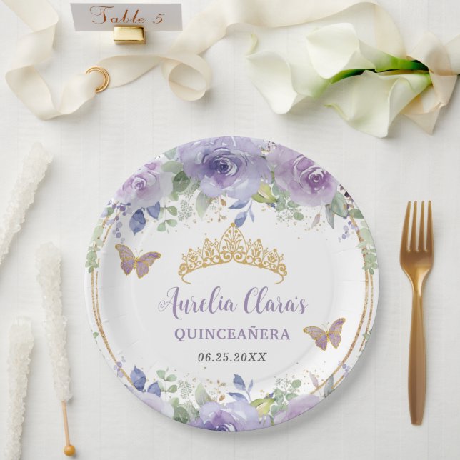 Purple Lilac Floral Quinceañera Crown Butterflies Paper Plate (Wedding)