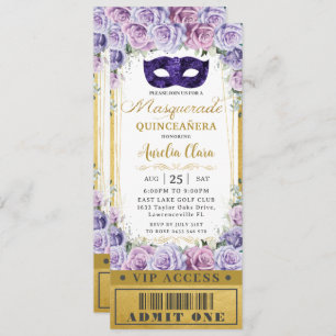 Purple Lilac Floral Quinceañera Masquerade Ticket  Invitation