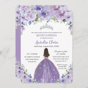 Purple Lilac Floral Quinceanera Princess Birthday Invitation