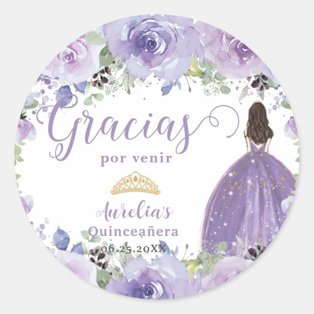 Purple Lilac Floral Quinceañera Princess Dress  Classic Round Sticker (Front)