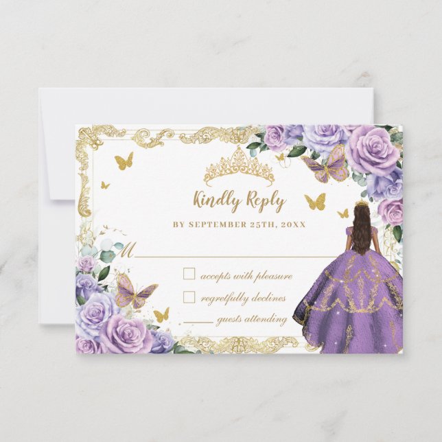Purple Lilac Floral Quinceañera Princess Gold RSVP Card (Front)