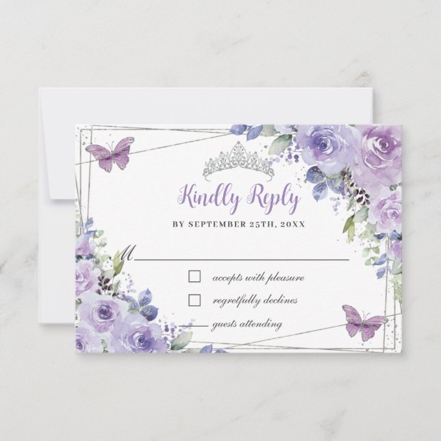 Purple Lilac Floral Quinceañera Silver Butterflies RSVP Card (Front)