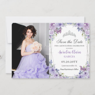Purple Lilac Floral Quinceañera Sweet 16 Picture Save The Date