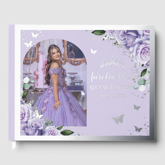 Purple Lilac Floral Quinceañera XV 15 Silver Photo Guest Book (Front)
