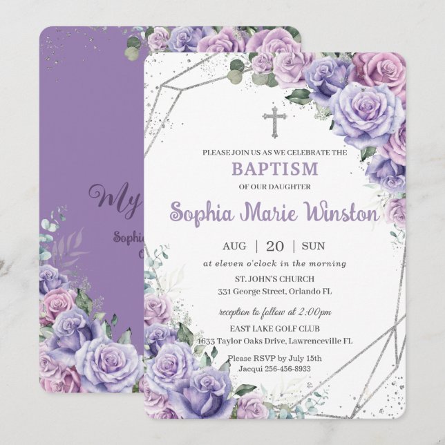 Purple Lilac Floral Silver Baptism Christening  Invitation (Front/Back)