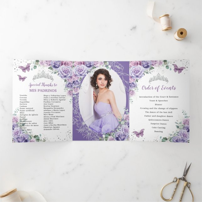 Purple Lilac Floral Silver Quinceañera 15 Program Tri-Fold Invitation (Inside)