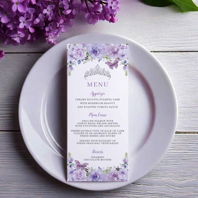 Purple Lilac Floral Silver QUINCEAÑERA Party Menu (Creator Uploaded)
