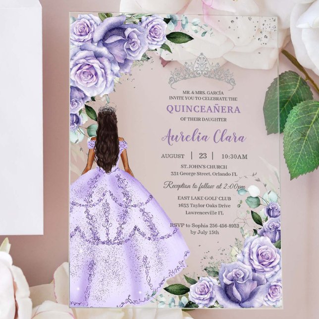 Purple Lilac Floral Silver Quinceañera XV Sweet 16 Acrylic Invitations (Creator Uploaded)
