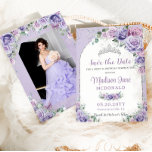Purple Lilac Floral Sweet 16 Silver Birthday Photo Save The Date<br><div class="desc">Personalise this chic Quinceañera / sweet 16 birthday photo save the date with your details easily and quickly, simply press the customise it button to further re-arrange and format the style and placement of the text. This lovely save the date card features gorgeous watercolor purple, lilac, lavender floral and silver...</div>