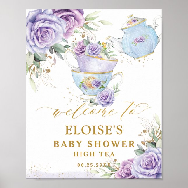 Purple Lilac Floral Tea Party Baby Shower Welcome Poster (Front)