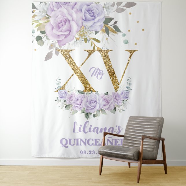 Purple Lilac Floral XV QUINCEAÑERA Quince Backdrop Tapestry (In Situ)