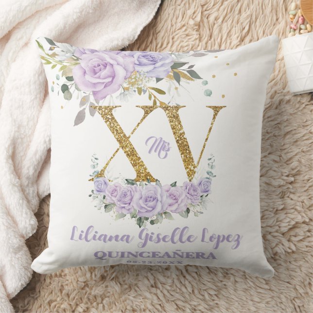 Purple Lilac Floral XV QUINCEAÑERA Quince Keepsake Cushion (Blanket)