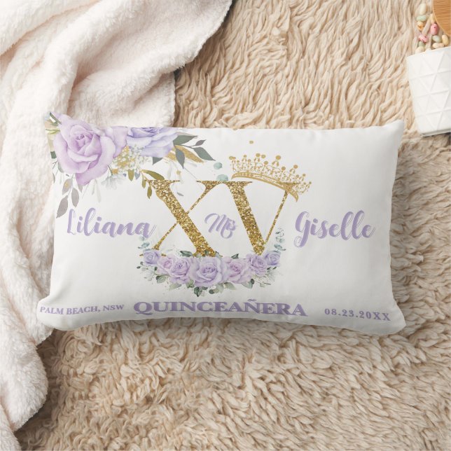 Purple Lilac Floral XV QUINCEAÑERA Quince Keepsake Lumbar Cushion (Blanket)