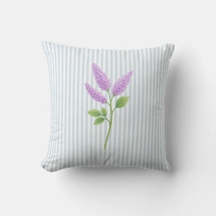 Purple Lilac Flower Painting Blue Stripe Cushion