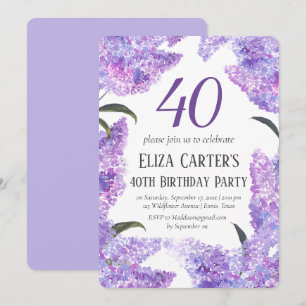 Purple Lilac Flowers 40th Birthday Forty Elegant Invitation