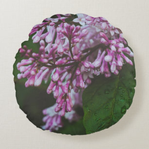 Purple lilac flowers after rain round cushion