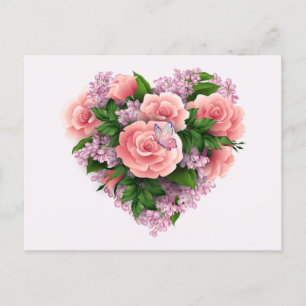 Purple Lilac Flowers and Pink Roses Floral Heart Postcard