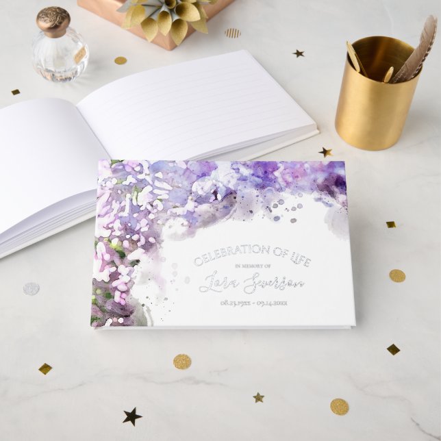 Purple Lilac Flowers Celebration of Life Memorial Guest Book (Front Open)