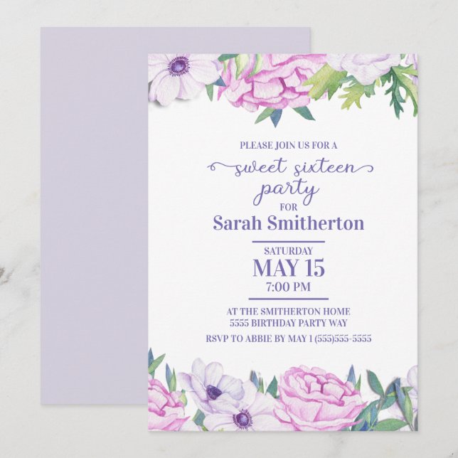 Purple Lilac Flowers Sweet Sixteen Birthday Party Invitation (Front/Back)