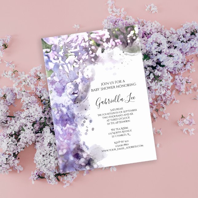 Purple Lilac Flowers Watercolor Baby Shower  Invitation (Creator Uploaded)