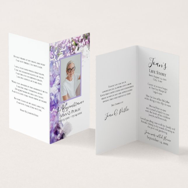 Purple Lilac Flowers Watercolor Funeral Prayer  Business Card (Inside and Outside)