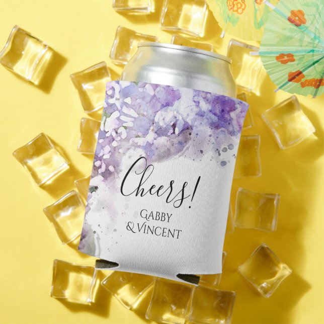 Purple Lilac Flowers Watercolor Wedding Favour Can Cooler (In Situ Summer)