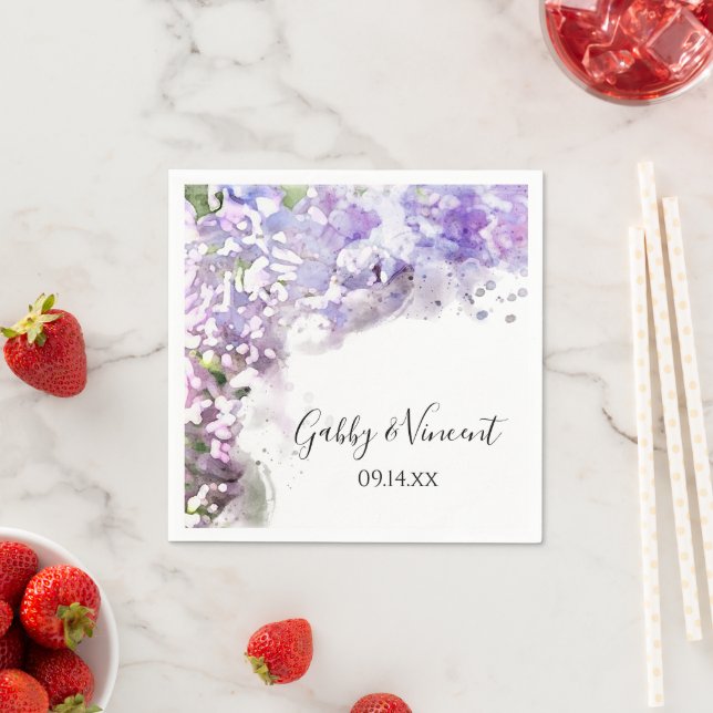 Purple Lilac Flowers Watercolor Wedding Napkin (Insitu)