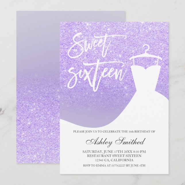 Purple lilac glitter elegant chic dress Sweet 16 Invitation (Front/Back)