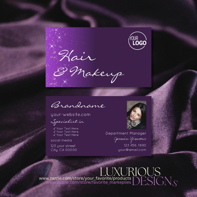 Purple Lilac Glitter Stars with Logo and Photo Business Card (Creator Uploaded)