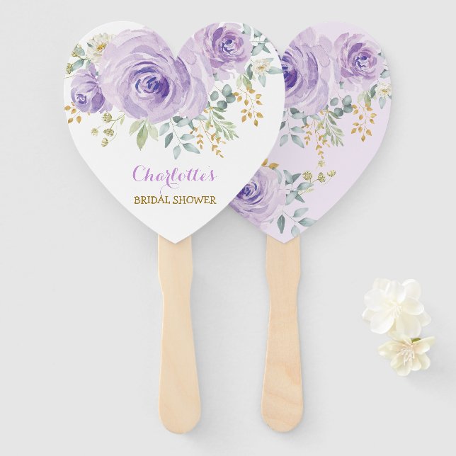 Purple Lilac Gold Floral Bridal Wedding Shower Hand Fan (Front and Back)