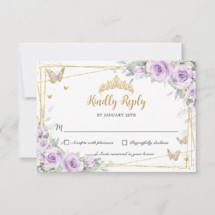 Purple Lilac Lavender Floral Gold 15 Quinceañera RSVP Card