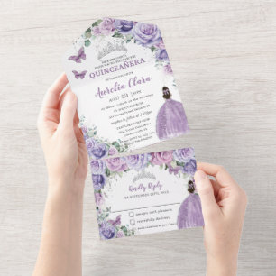 Purple Lilac Lavender Floral Quinceanera Princess All In One Invitation