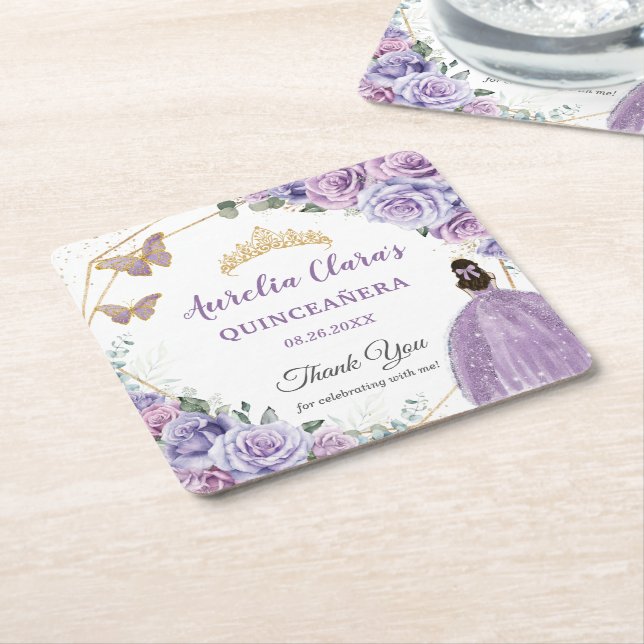 Purple Lilac Lavender Floral Quinceañera Princess  Square Paper Coaster (Angled)