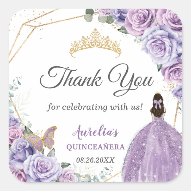 Purple Lilac Lavender Floral Quinceañera Princess  Square Sticker (Front)