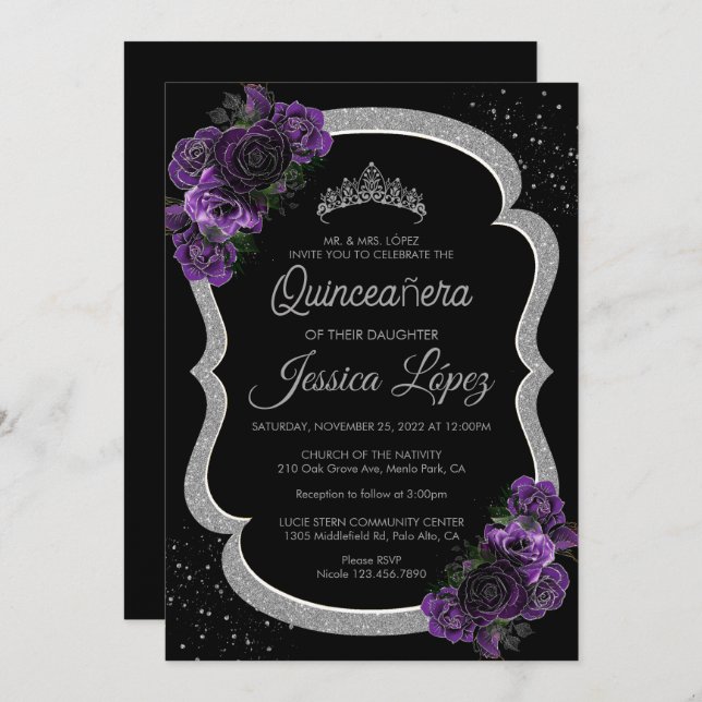 Purple Lilac Lavender Floral Quinceañera Silver Invitation (Front/Back)