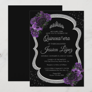 Purple Lilac Lavender Floral Quinceañera Silver Invitation