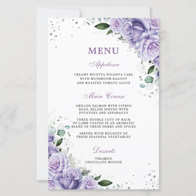 Purple Lilac Lavender Floral Wedding Bridal Menu (Front)