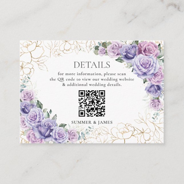 Purple Lilac Lavender Floral Wedding Details QR  Enclosure Card (Front)